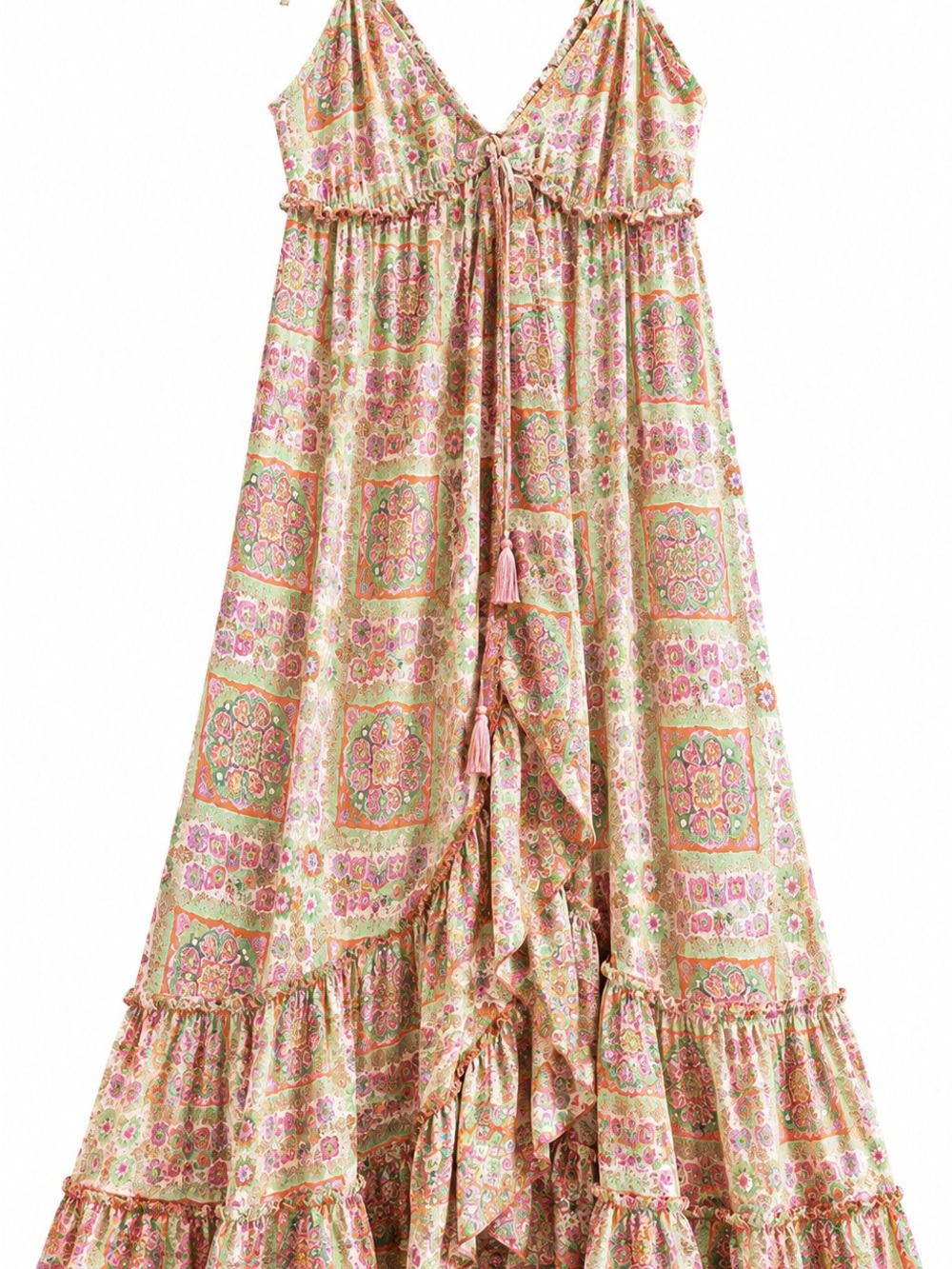 Boho Tiered Maxi Dress in Pink & Green Floral